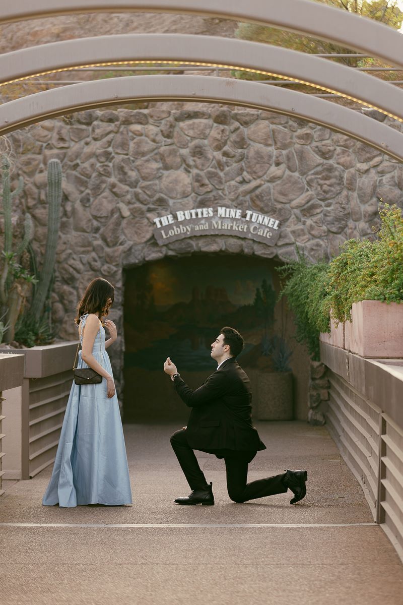 A man in a black suit down on one knee proposing to his partner who is in shock and is wearing a blue dress and black purse on her shoulder 