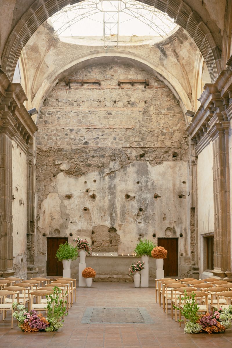 the chapel at convento capuchinas set up for a wedding in antigua guatemala